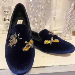 Navy Velvet Loafers with Insect Embellishments